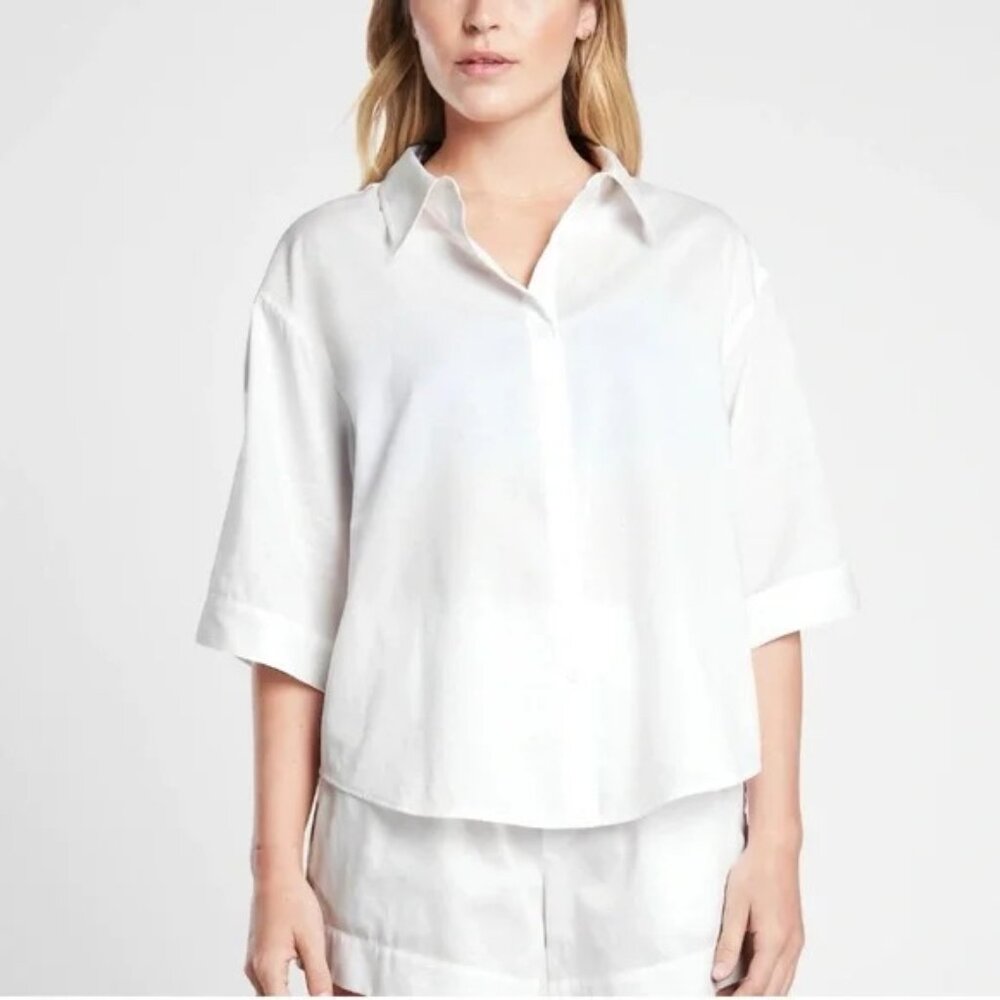 Athleta White Cotton Dream Sleep Oversized Button Up Top